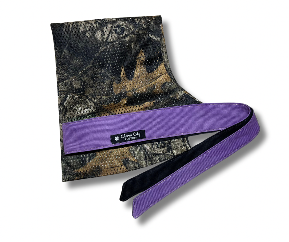 Custom faded purple denim with camouflage mesh full tie band