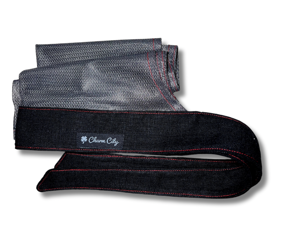 (Red edition) Jet Black heavyweight linen blend headband with charcoal mesh