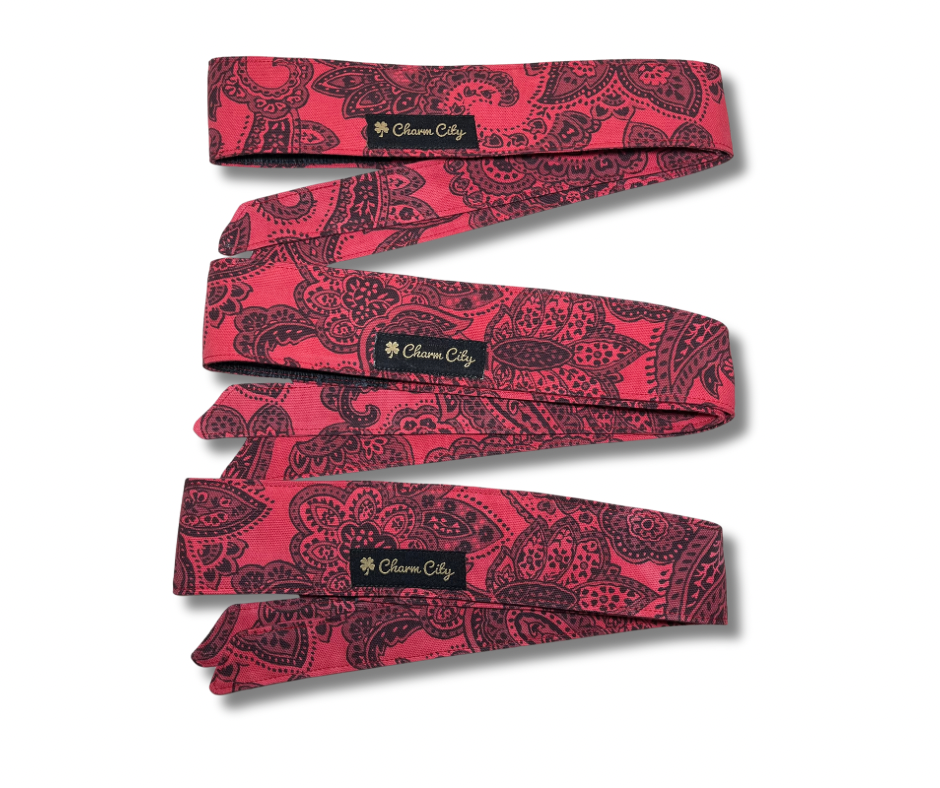 Custom dyed red & black paisley headbands