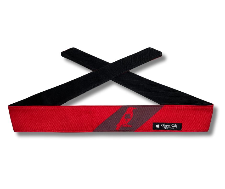 Custom red and black 10oz denim “LuckyBird” frosted headband