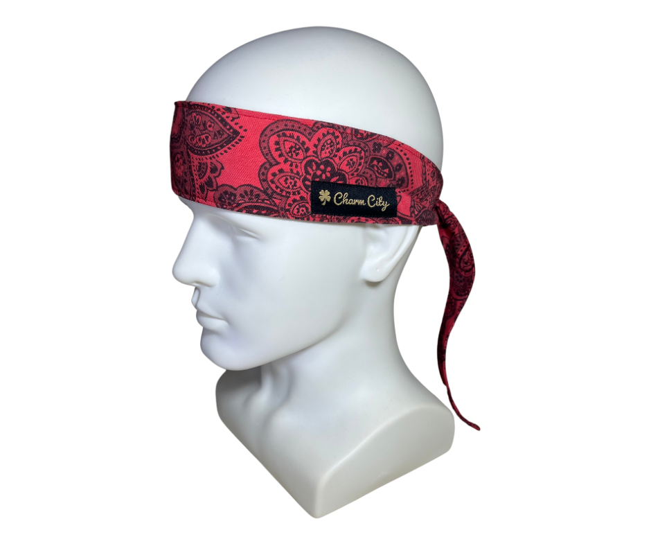 Custom dyed red & black paisley headbands