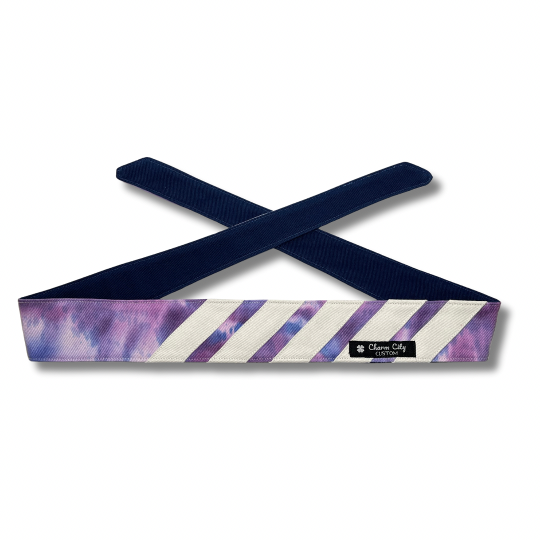 Custom Purple/Blue “Graffiti” fade hand dyed headband with multi stripe design