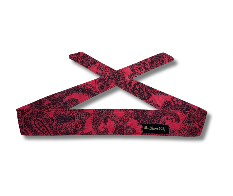 Custom dyed red & black paisley headbands