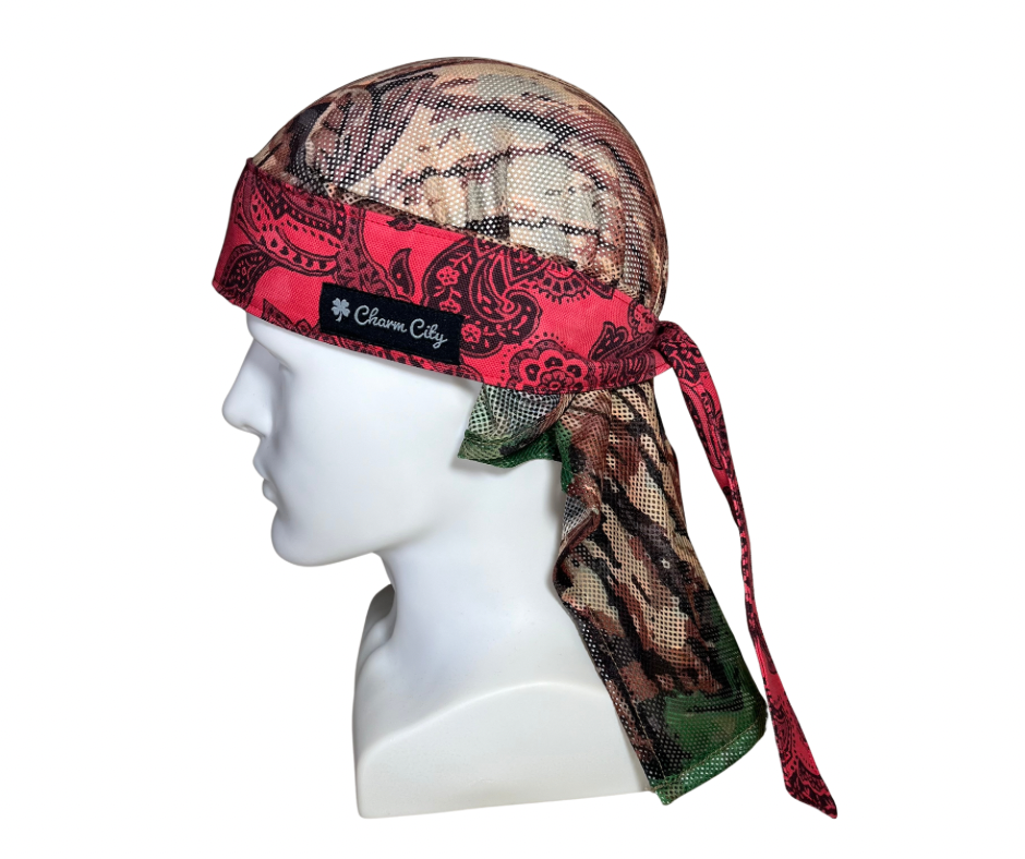 Custom dyed red & black paisley full tie headband with trunk mesh