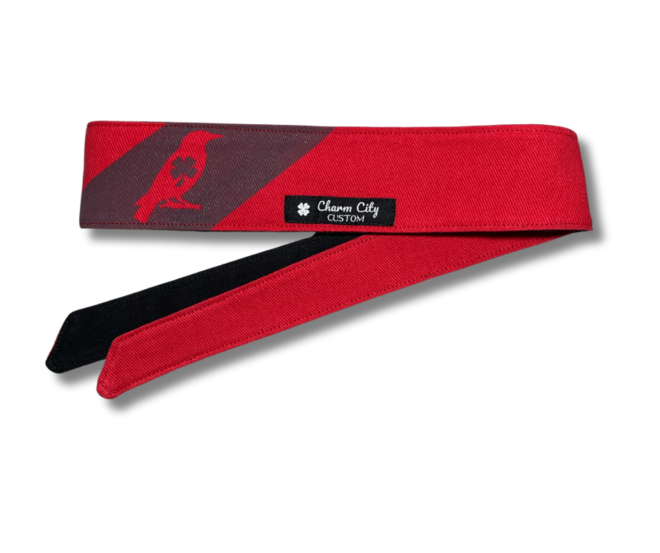 Custom red and black 10oz denim “LuckyBird” frosted headband