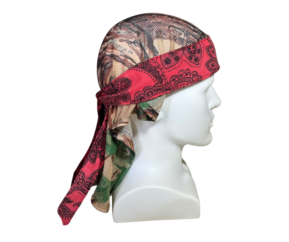 Custom dyed red & black paisley full tie headband with trunk mesh